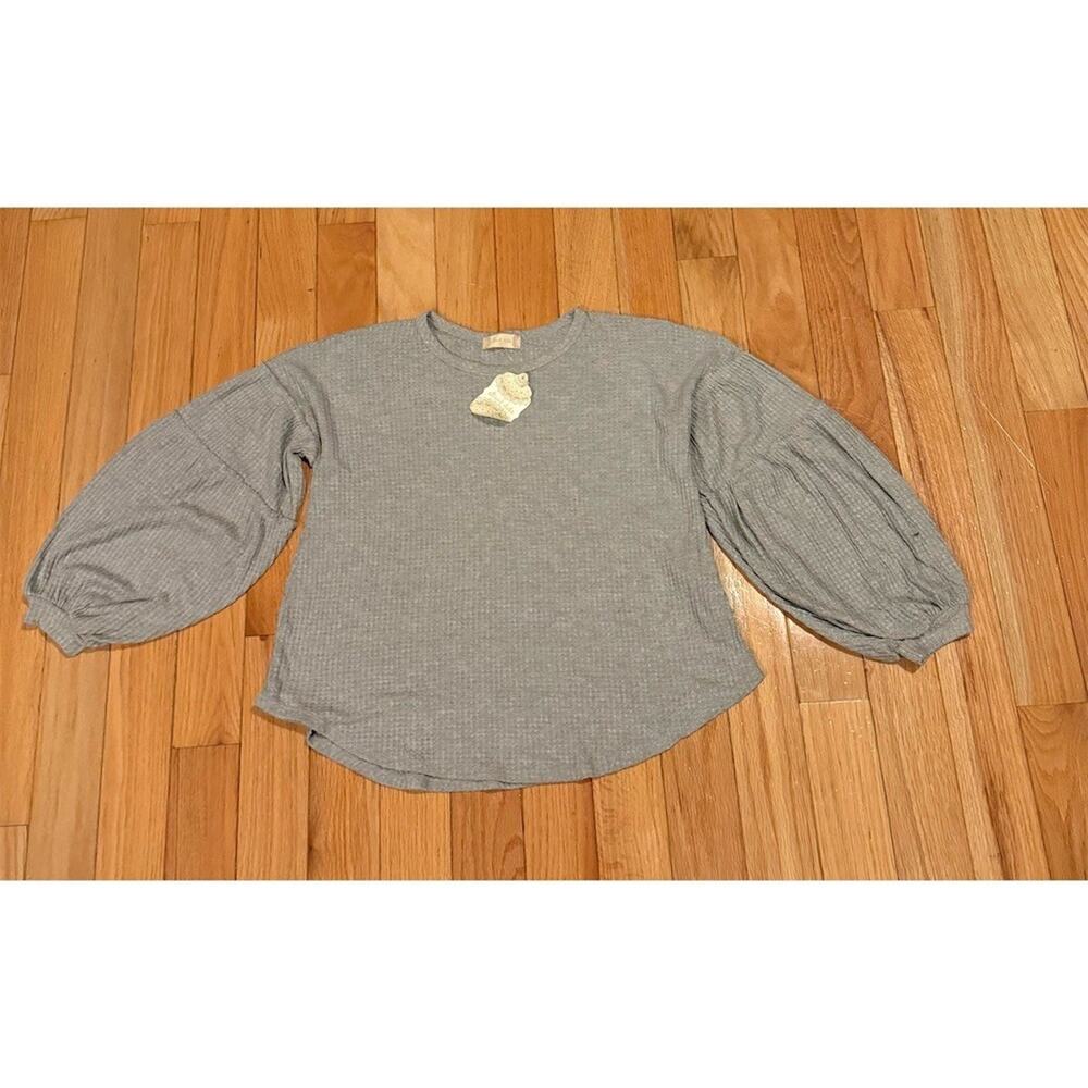 Altar’d State Top Womens Size L Gray Waffle Knit Balloon Sleeve Pullover